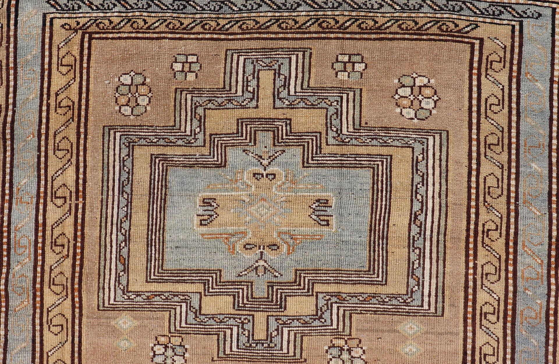 Tribal Antique Persian Kurdish Rug in Wool with Tri-Medallion Design in Brown and Blue For Sale