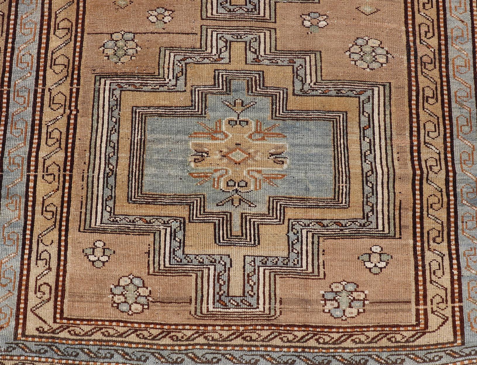 Hand-Knotted Antique Persian Kurdish Rug in Wool with Tri-Medallion Design in Brown and Blue For Sale