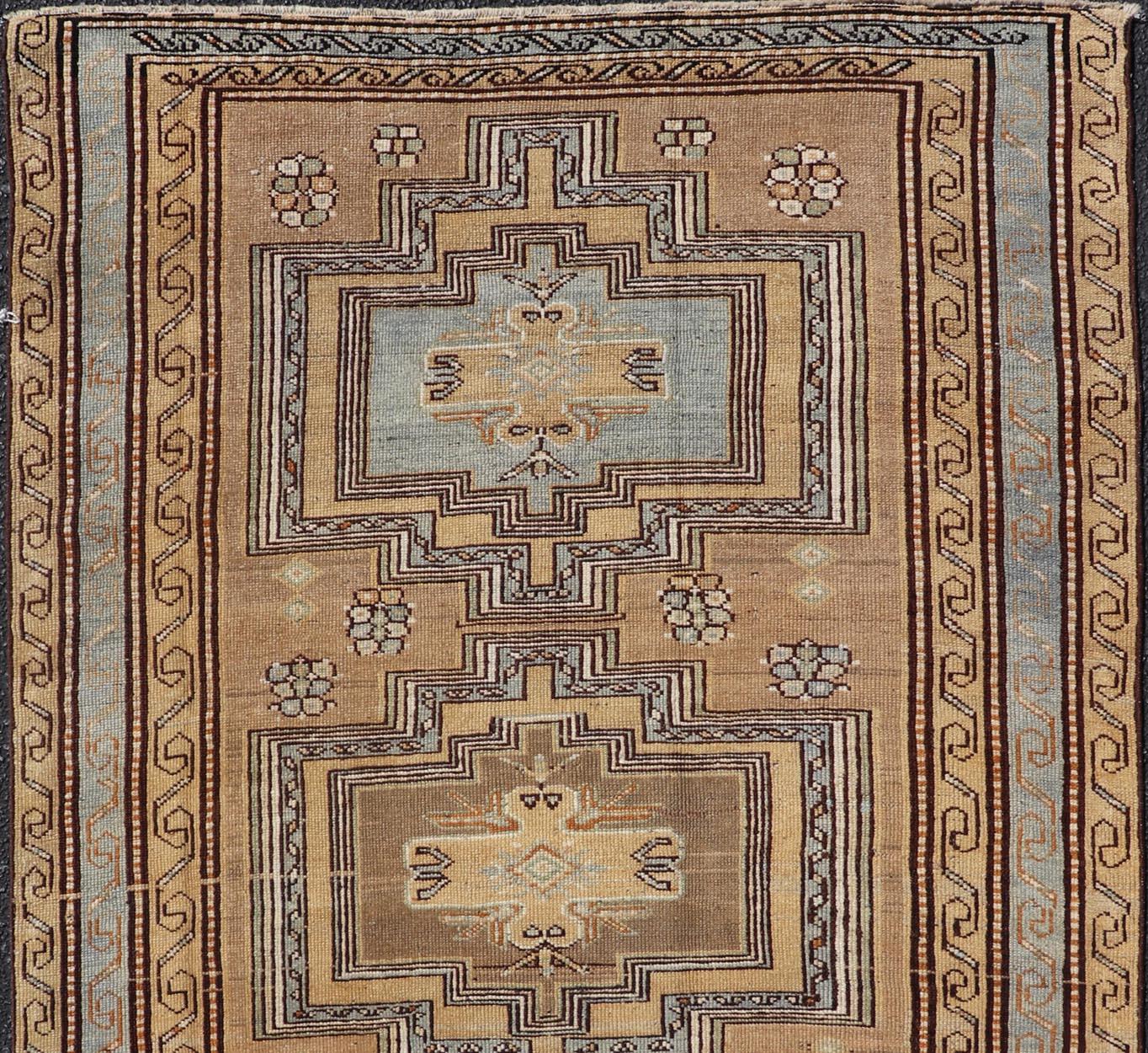 20th Century Antique Persian Kurdish Rug in Wool with Tri-Medallion Design in Brown and Blue For Sale