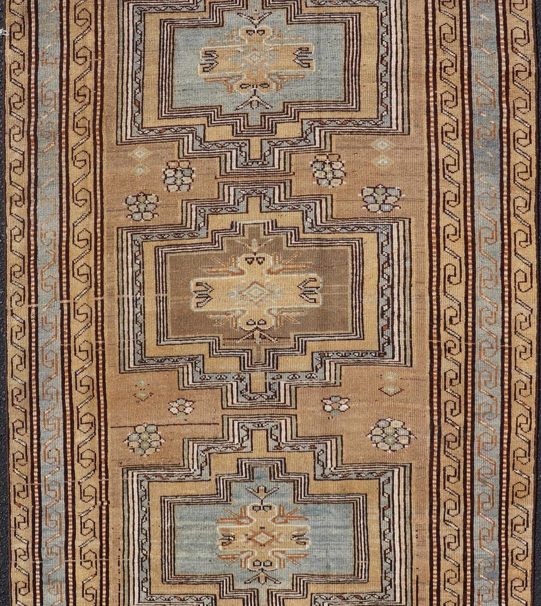 Antique Persian Kurdish Rug in Wool with Tri-Medallion Design in Brown and Blue For Sale 1