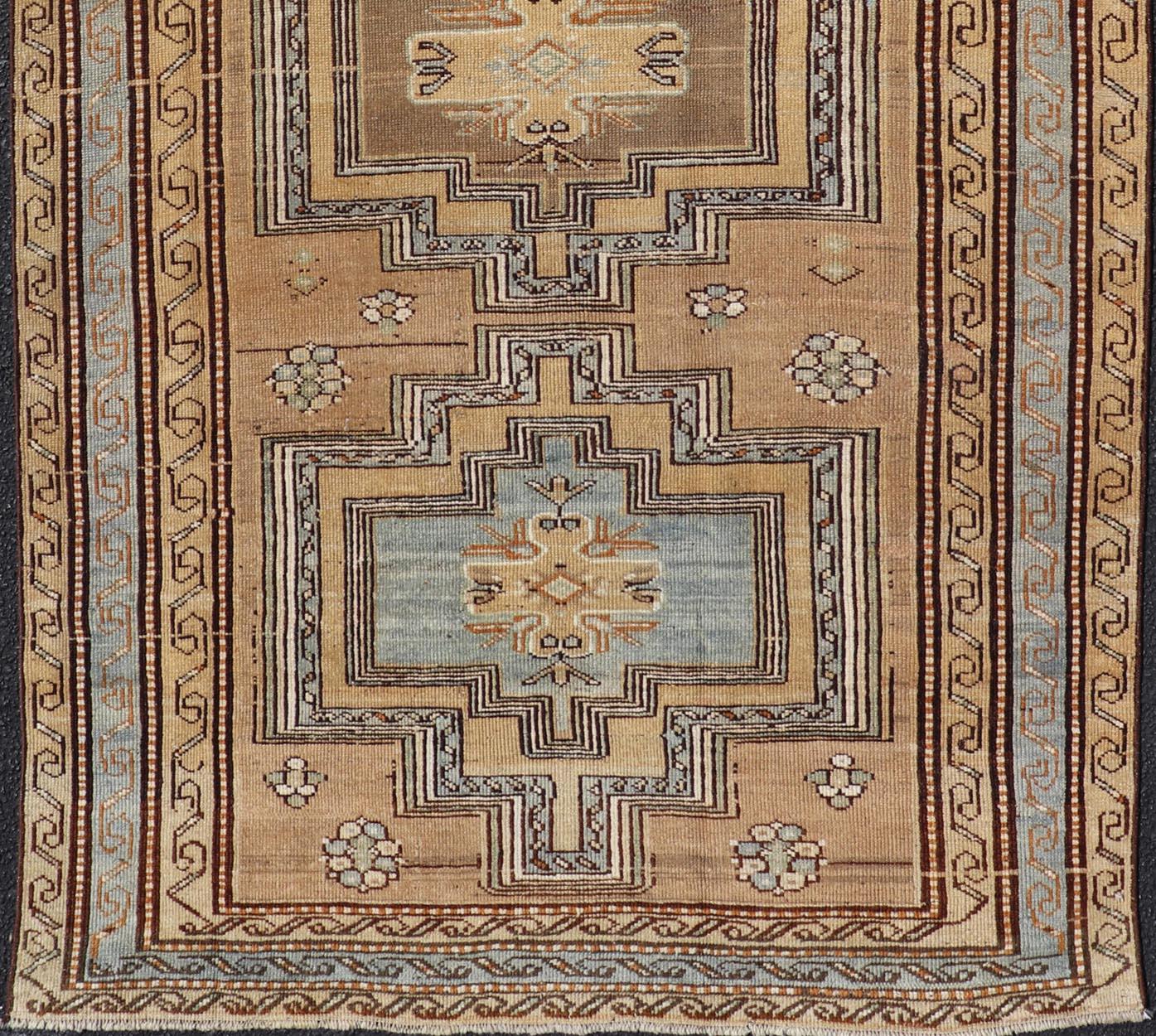 Antique Persian Kurdish Rug in Wool with Tri-Medallion Design in Brown and Blue For Sale 2