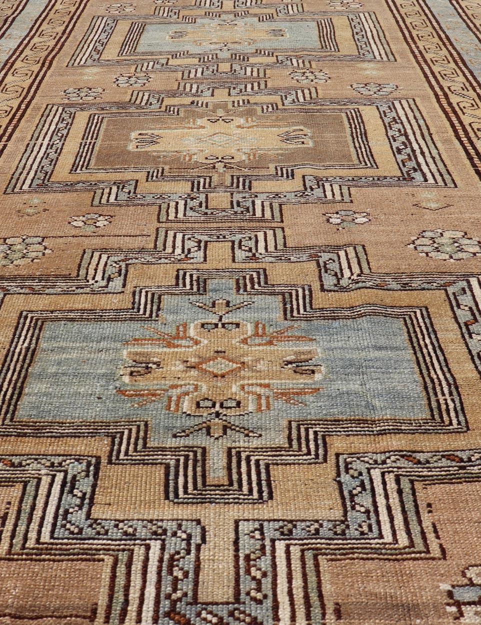 Antique Persian Kurdish Rug in Wool with Tri-Medallion Design in Brown and Blue For Sale 3