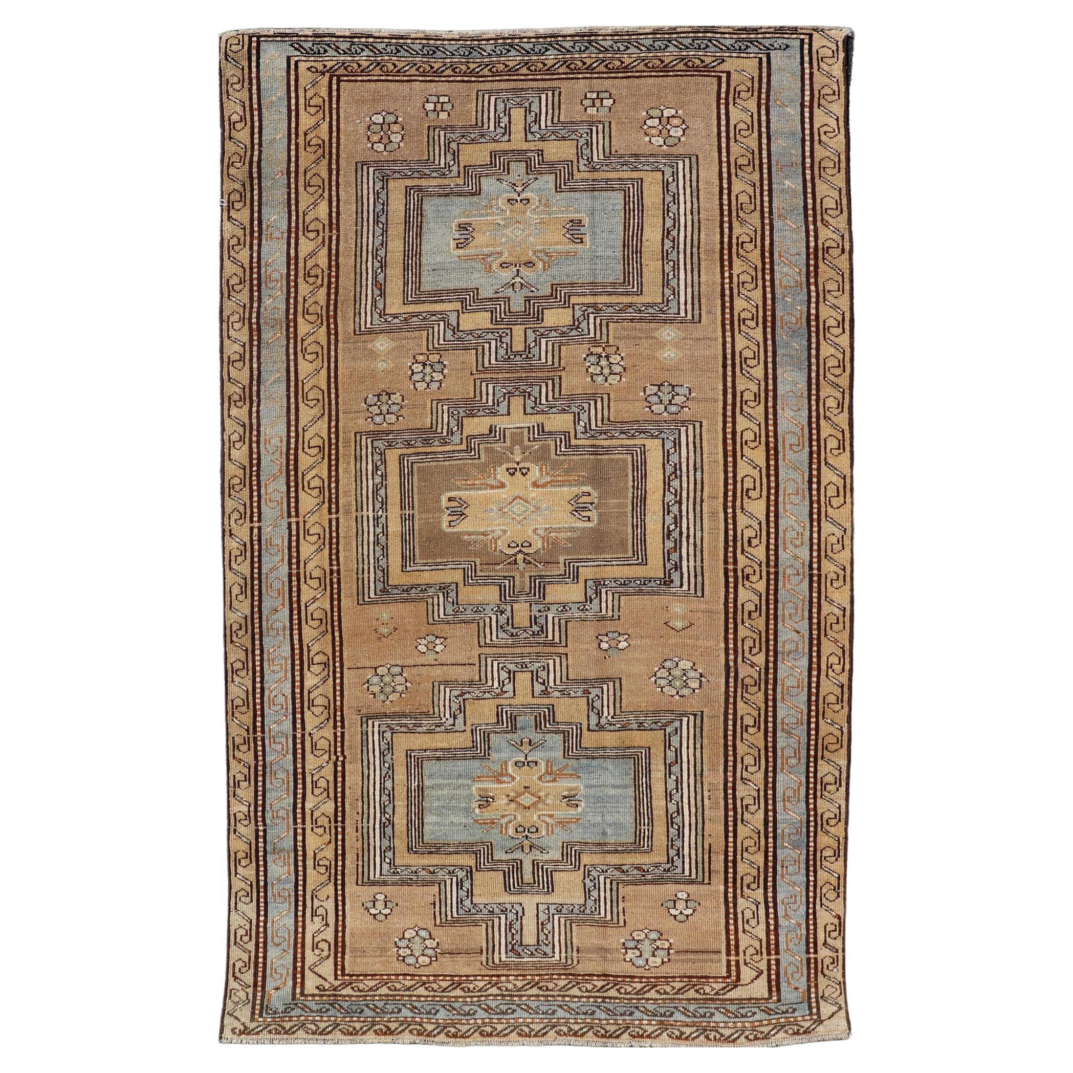 Antique Persian Kurdish Rug in Wool with Tri-Medallion Design in Brown and Blue For Sale