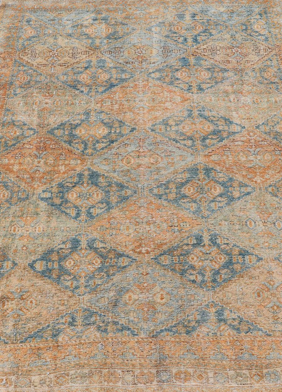 Antique Persian Kurdish Rug with All-Over Geometric Medallion in Orange & Blue  For Sale 3
