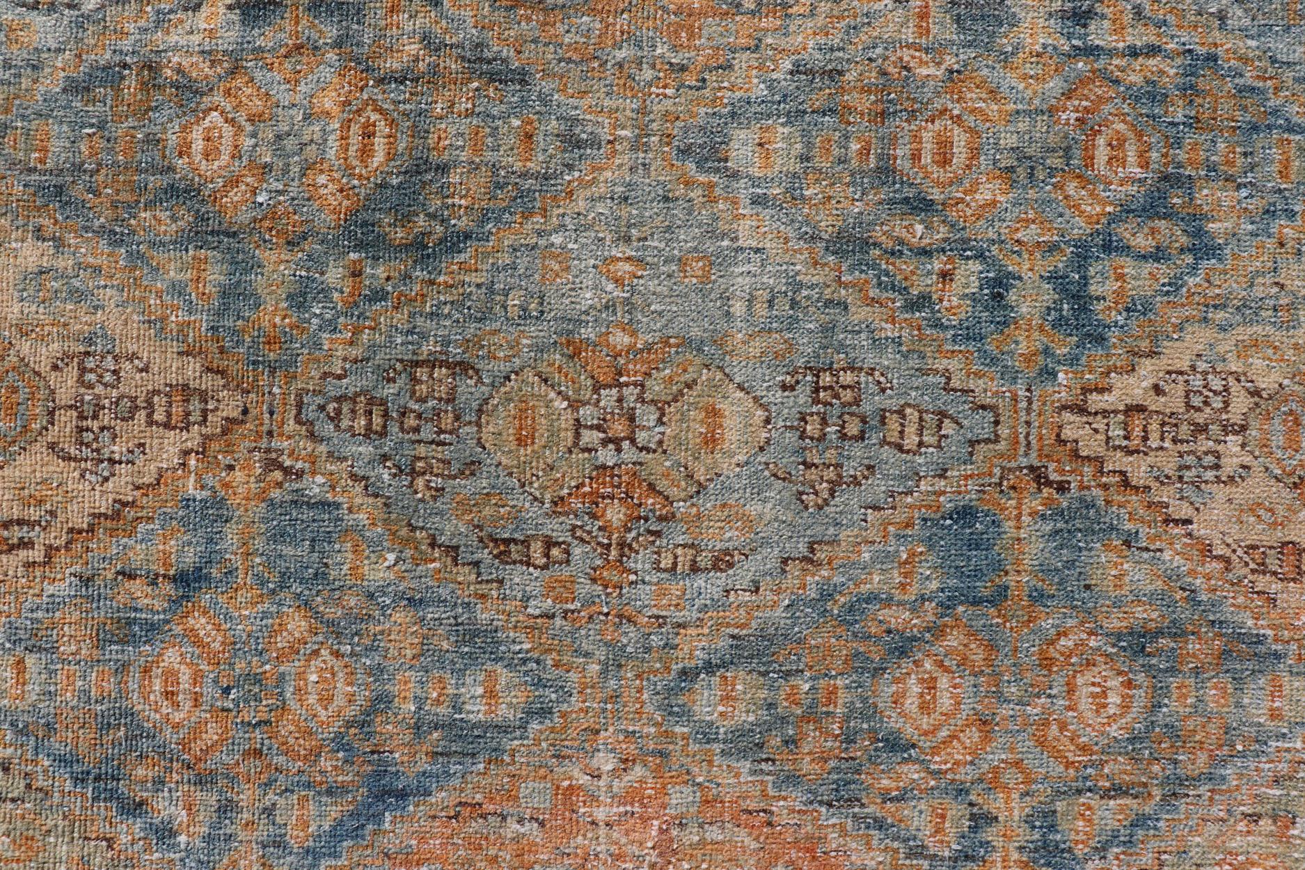 Malayer Antique Persian Kurdish Rug with All-Over Geometric Medallion in Orange & Blue  For Sale