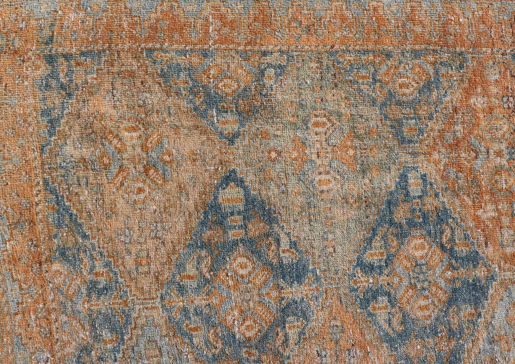 Hand-Knotted Antique Persian Kurdish Rug with All-Over Geometric Medallion in Orange & Blue  For Sale