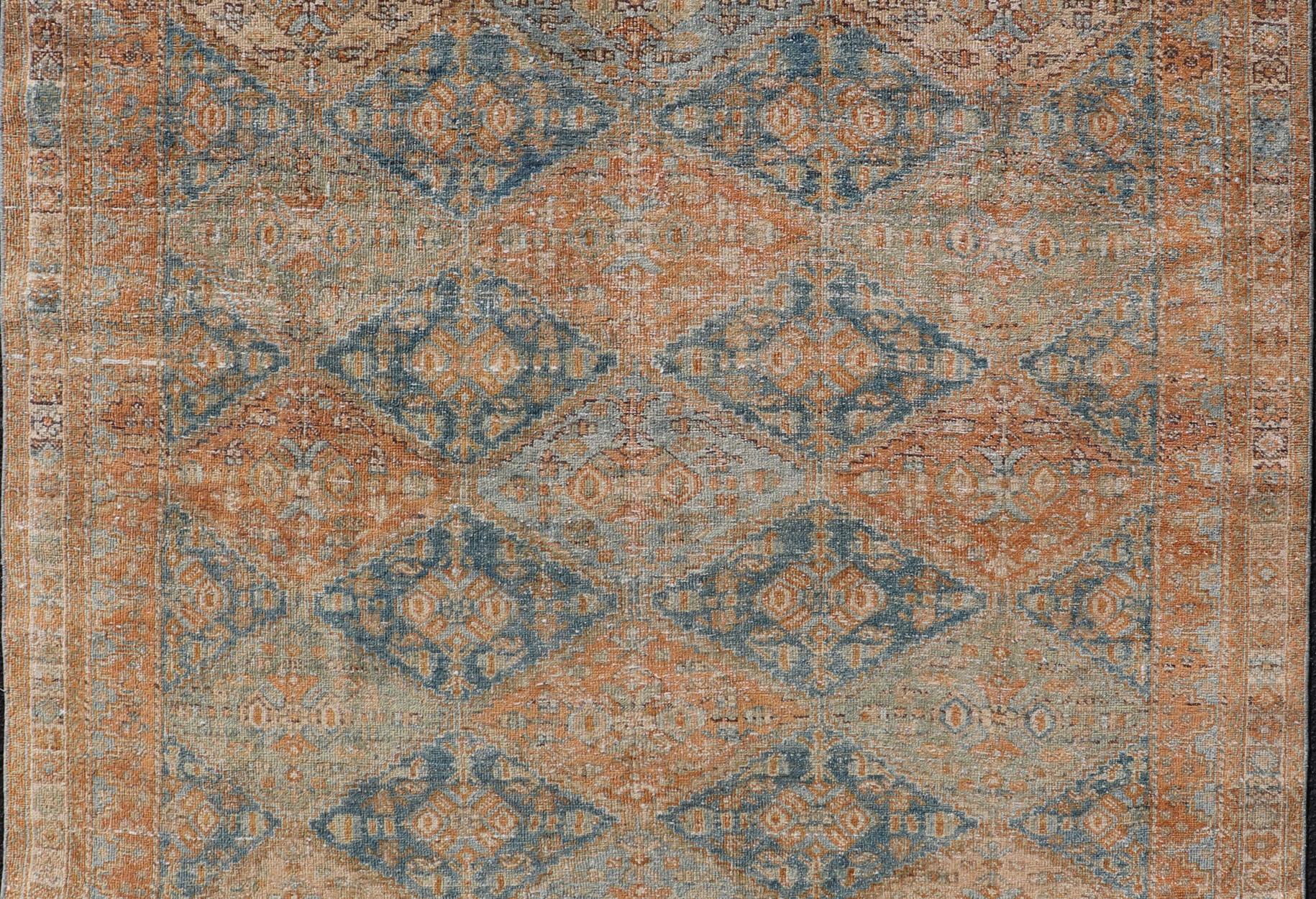 Antique Persian Kurdish Rug with All-Over Geometric Medallion in Orange & Blue  For Sale 1