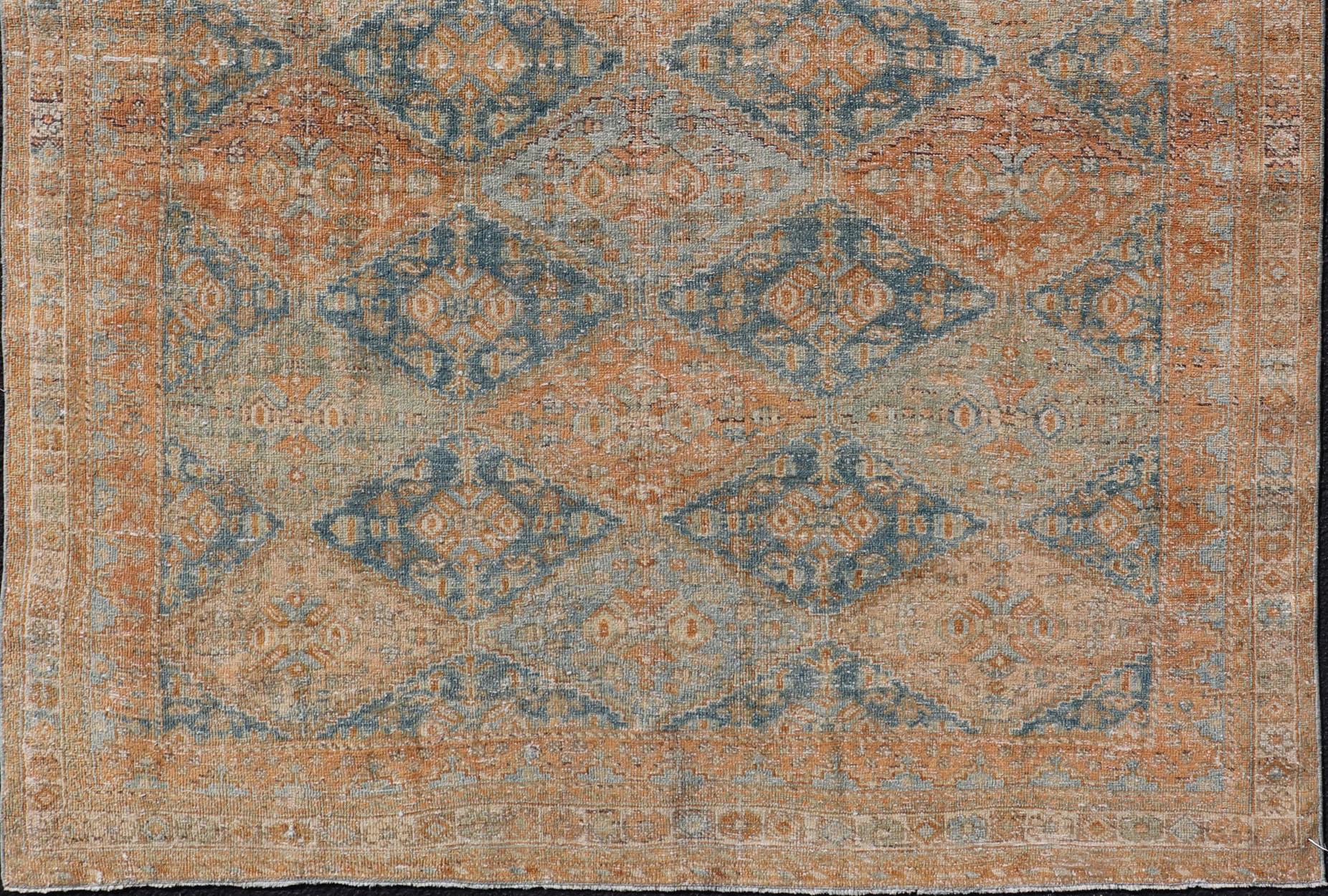 Antique Persian Kurdish Rug with All-Over Geometric Medallion in Orange & Blue  For Sale 2