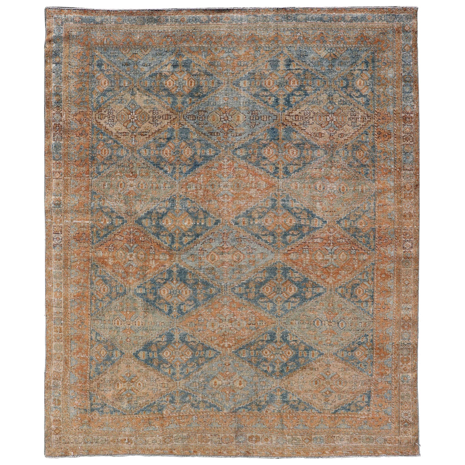 Tapis persan ancien du Kurdistan avec médaillon géométrique sur toute sa surface en orange et bleu