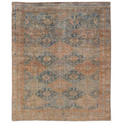 Antique Persian Kurdish Rug with All-Over Geometric Medallion in Orange & Blue