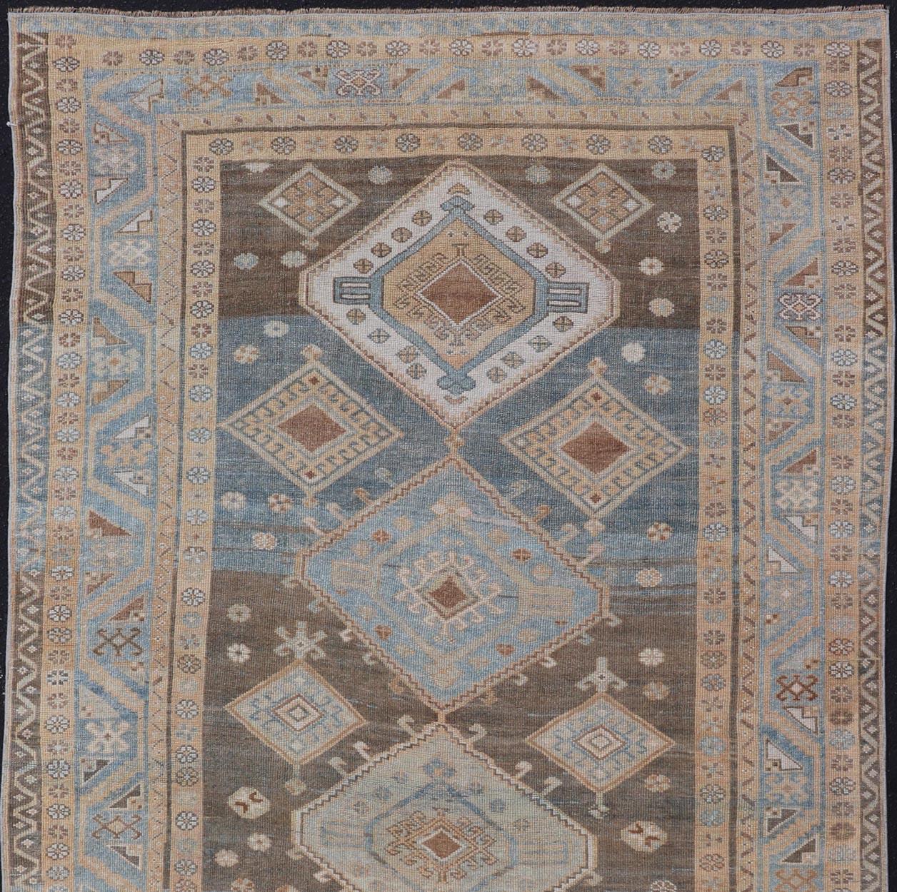 Hand-Knotted Antique Persian Kurdish Rug with All-Over Tribal in Blue, Green, and Brown For Sale