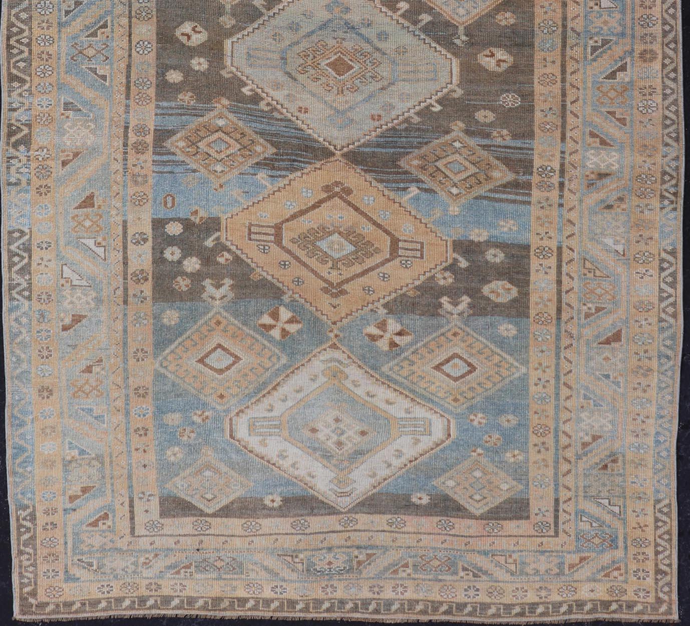 Antique Persian Kurdish Rug with All-Over Tribal in Blue, Green, and Brown In Good Condition For Sale In Atlanta, GA