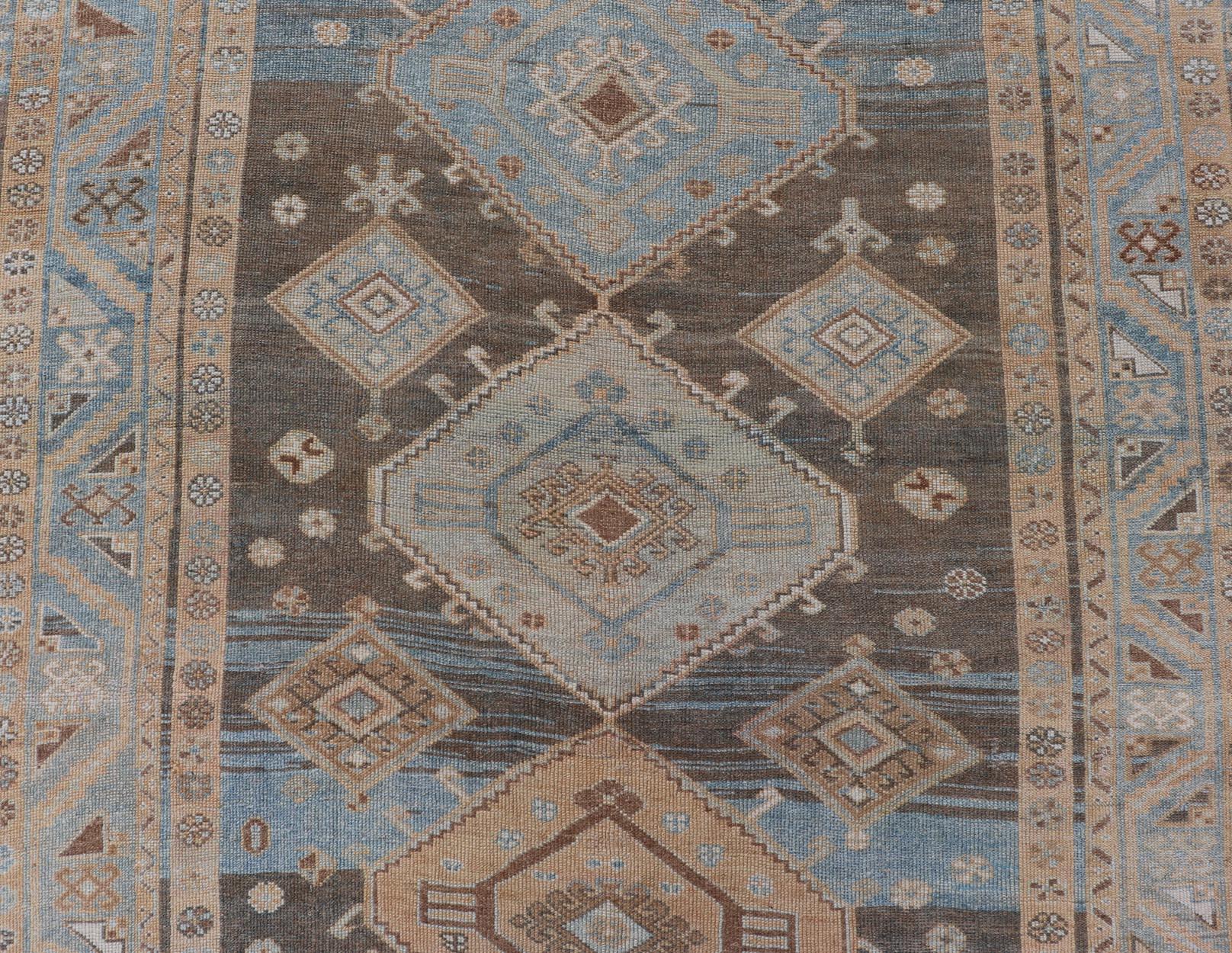 Antique Persian Kurdish Rug with All-Over Tribal in Blue, Green, and Brown For Sale 1