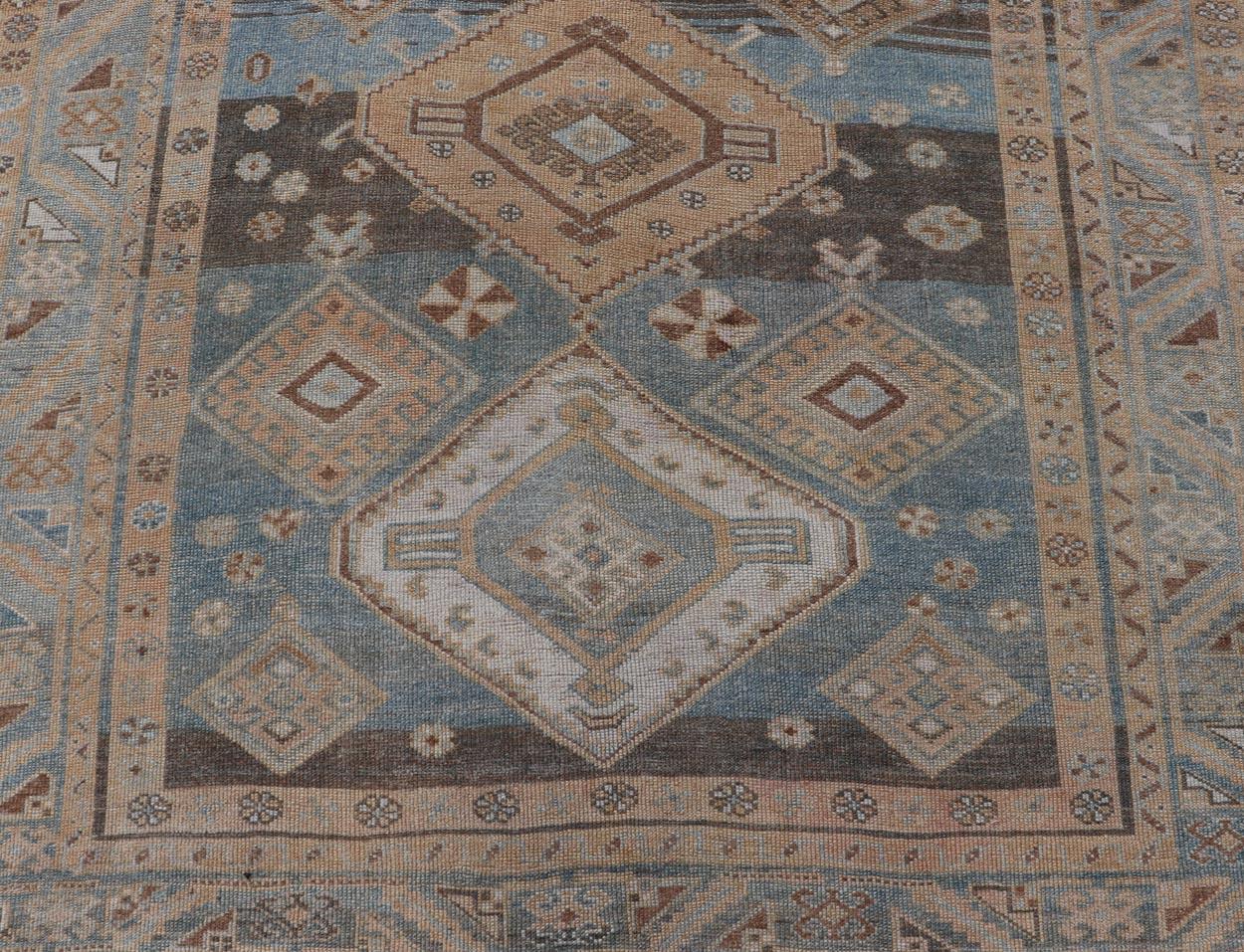 Antique Persian Kurdish Rug with All-Over Tribal in Blue, Green, and Brown For Sale 3