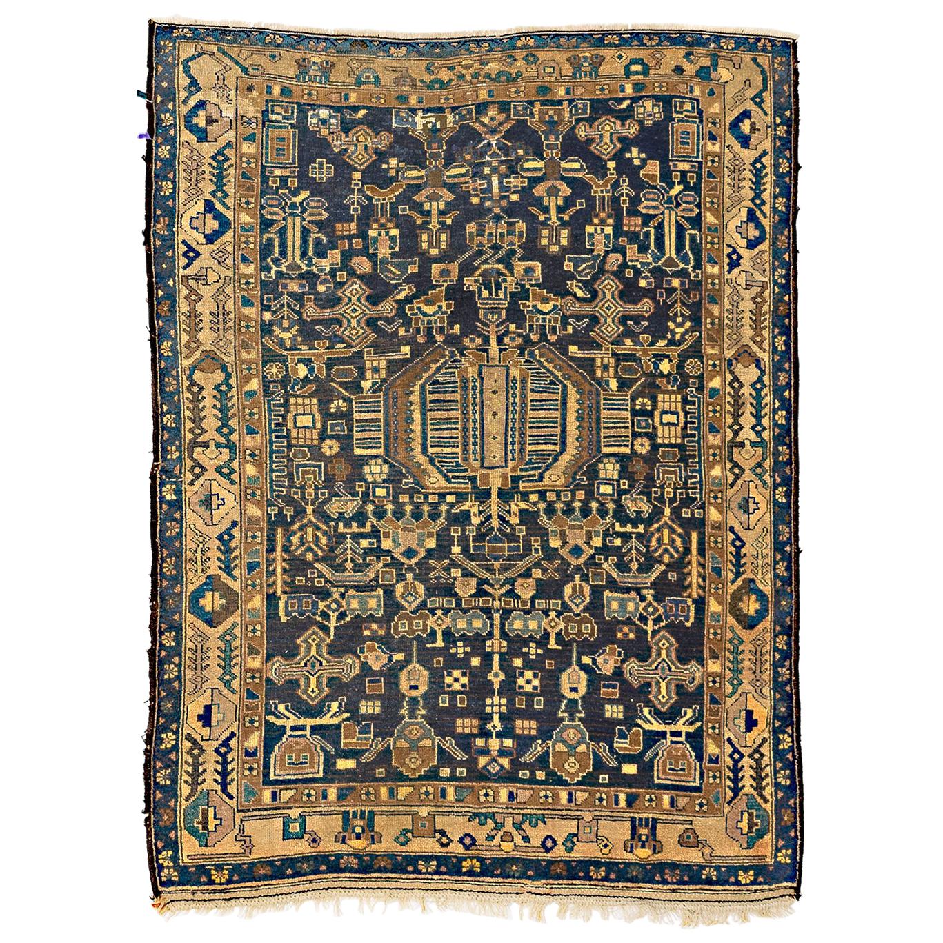 Antique Persian Kurdish Rug with Brown and Blue Geometric Details For Sale