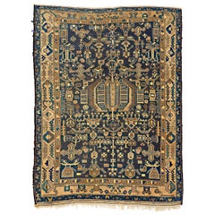 Tapis persan kurde ancien avec détails géométriques bruns et bleus