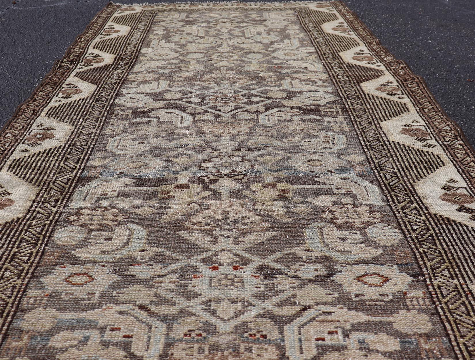Malayer Antique Persian Kurdish Rug with Geometric Motifs and Neutral Tones 3'1 x 6 For Sale