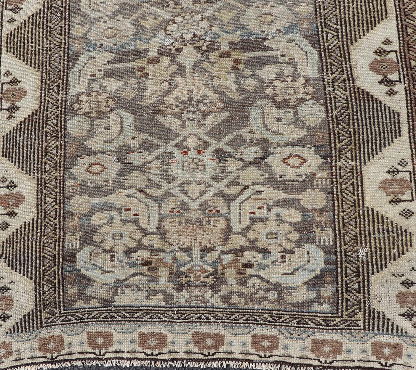 Hand-Knotted Antique Persian Kurdish Rug with Geometric Motifs and Neutral Tones 3'1 x 6 For Sale
