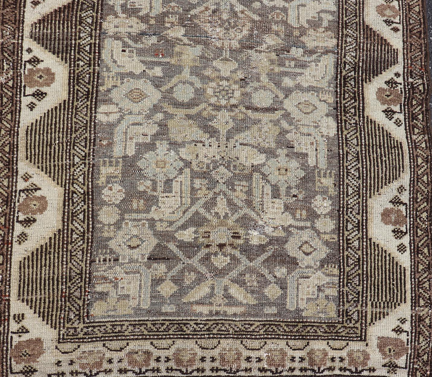 20th Century Antique Persian Kurdish Rug with Geometric Motifs and Neutral Tones 3'1 x 6 For Sale