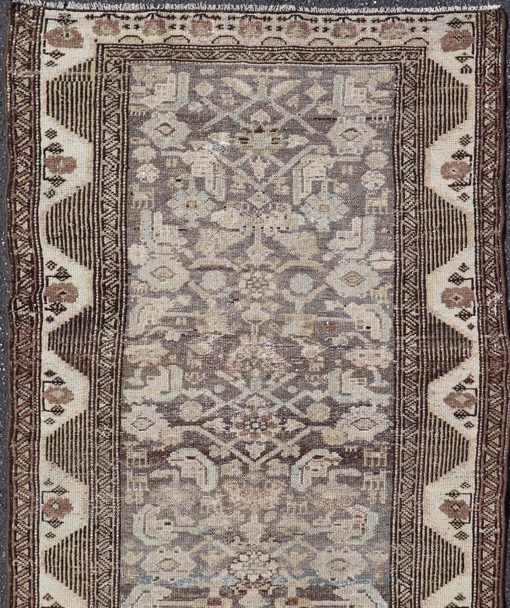 Wool Antique Persian Kurdish Rug with Geometric Motifs and Neutral Tones 3'1 x 6 For Sale
