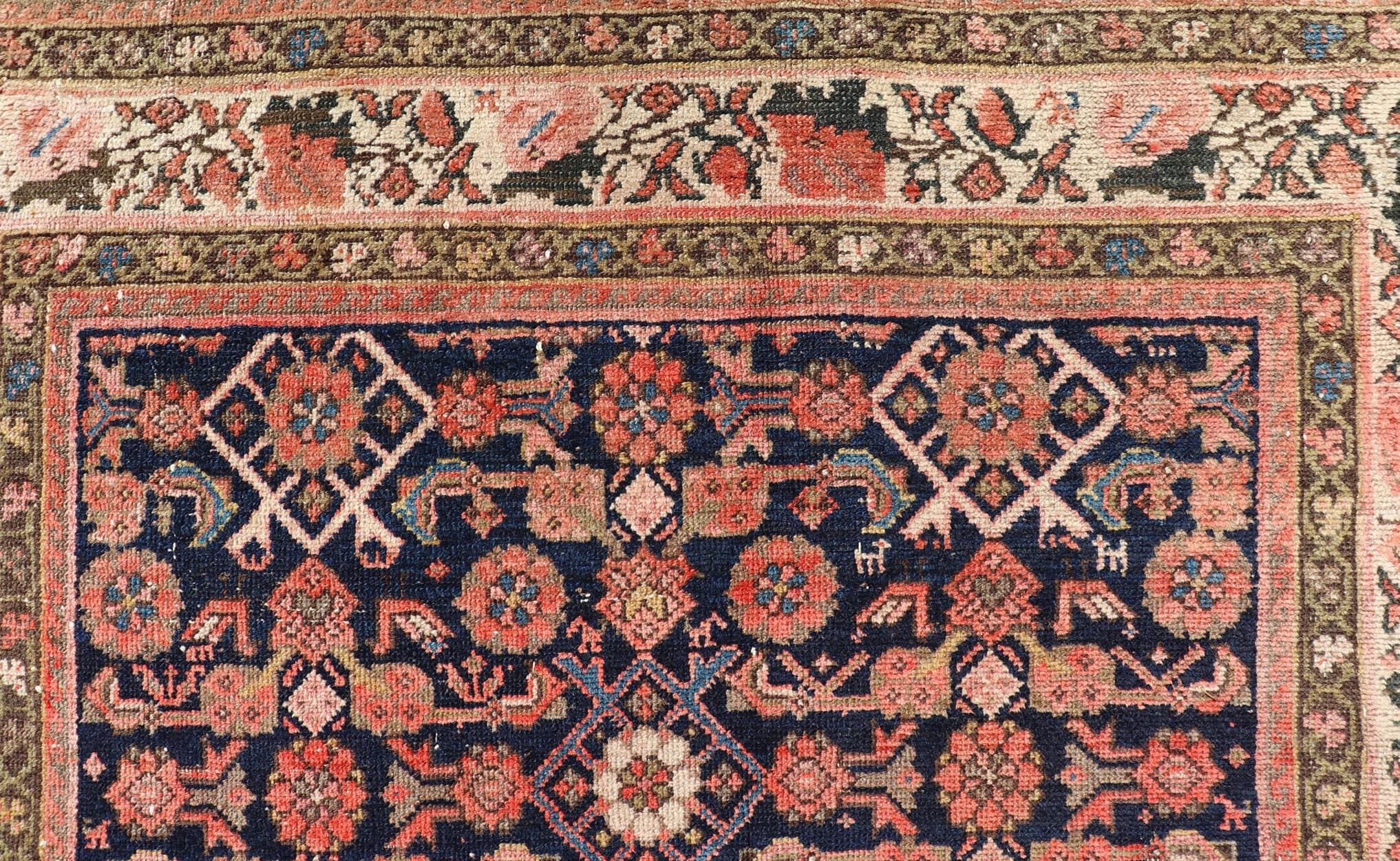 Measures: 4'1 x 7'4 

Antique Persian Kurdish Rug with Herati Pattern on A Blue Field 4'1 x 7'7 
Keivan Woven Arts/ rug/B25-1001-156, country of origin / type: Iran / Kurdish, circa 1900.
An Antique Persian Kurdish rug featuring a refined lattice