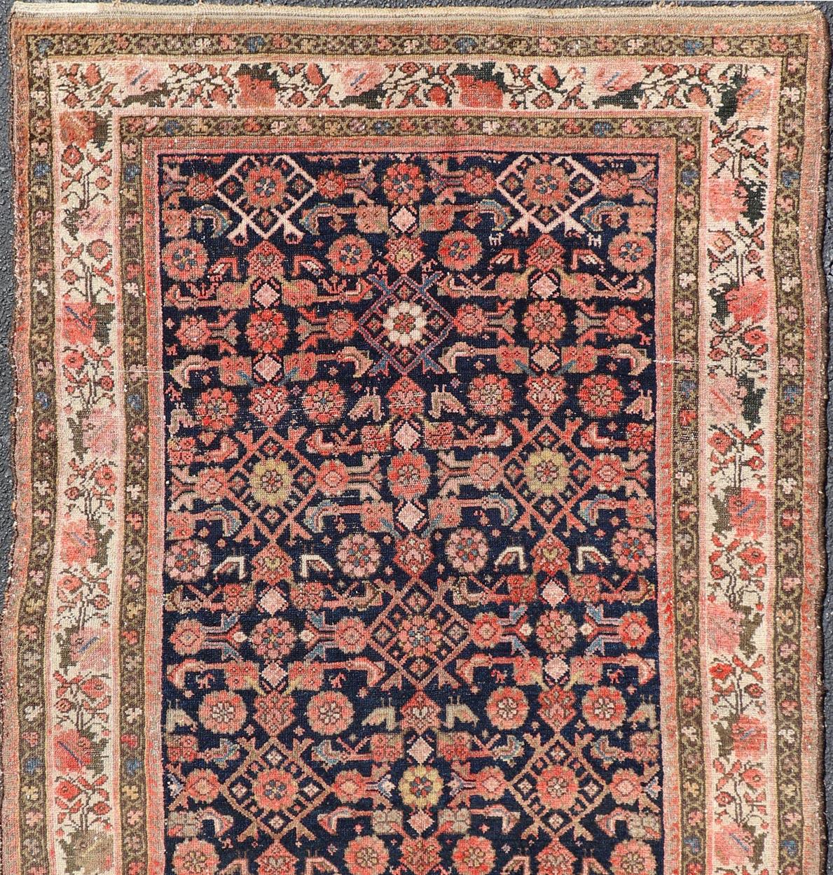 Malayer Antique Persian Kurdish Rug with Herati Pattern on A Blue Field  4'1 x 7'7 in vendita