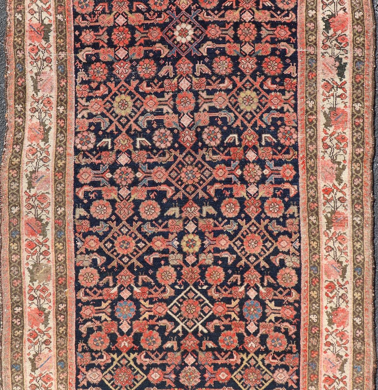 Persiano Antique Persian Kurdish Rug with Herati Pattern on A Blue Field  4'1 x 7'7 in vendita