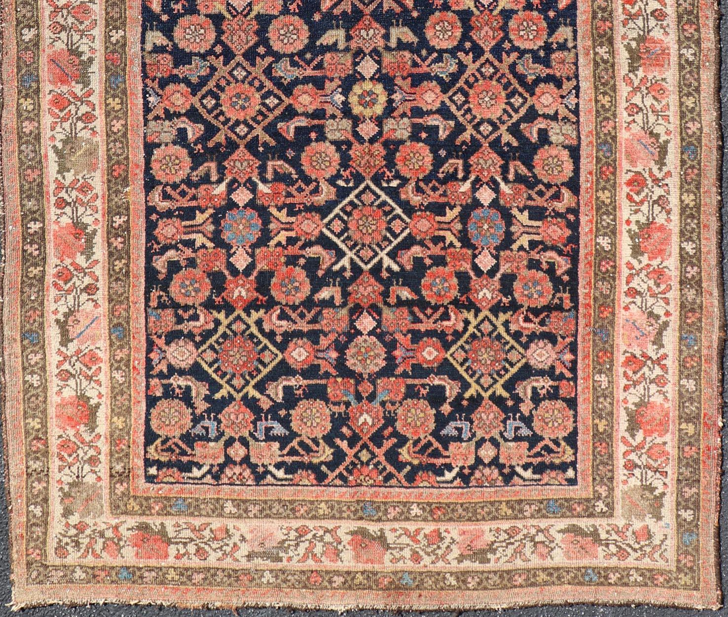 Annodato a mano Antique Persian Kurdish Rug with Herati Pattern on A Blue Field  4'1 x 7'7 in vendita