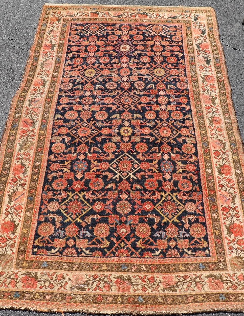 Lana Antique Persian Kurdish Rug with Herati Pattern on A Blue Field  4'1 x 7'7 in vendita