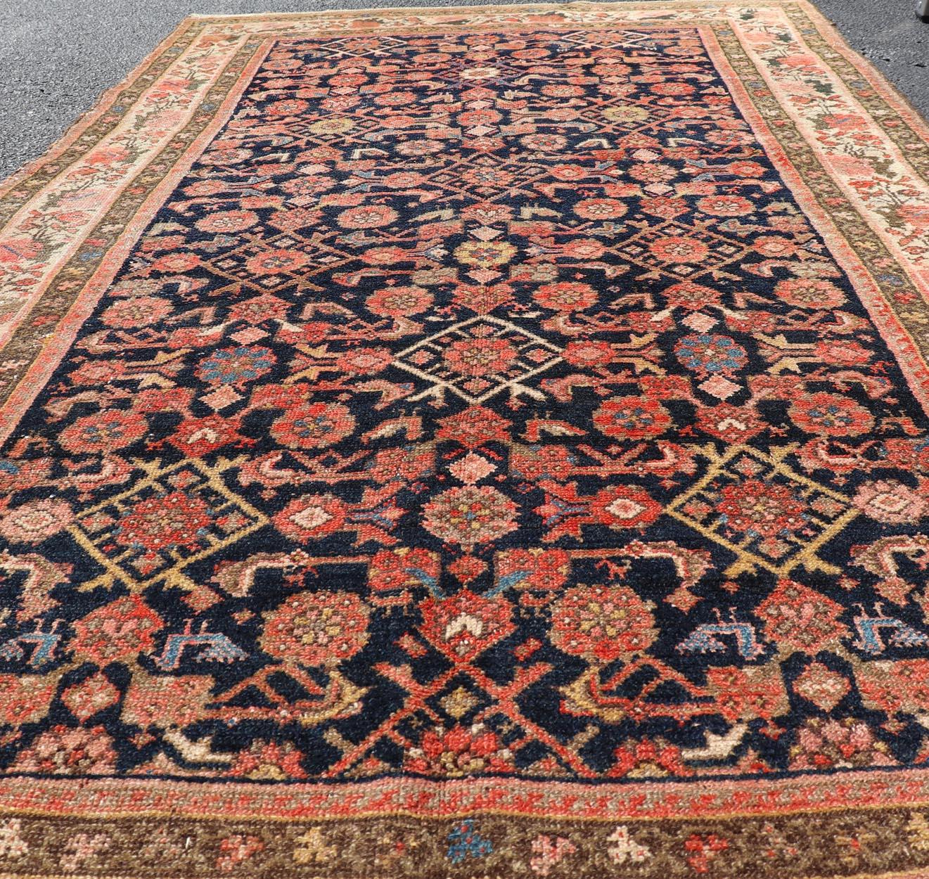 Antique Persian Kurdish Rug with Herati Pattern on A Blue Field  4'1 x 7'7 in vendita 1