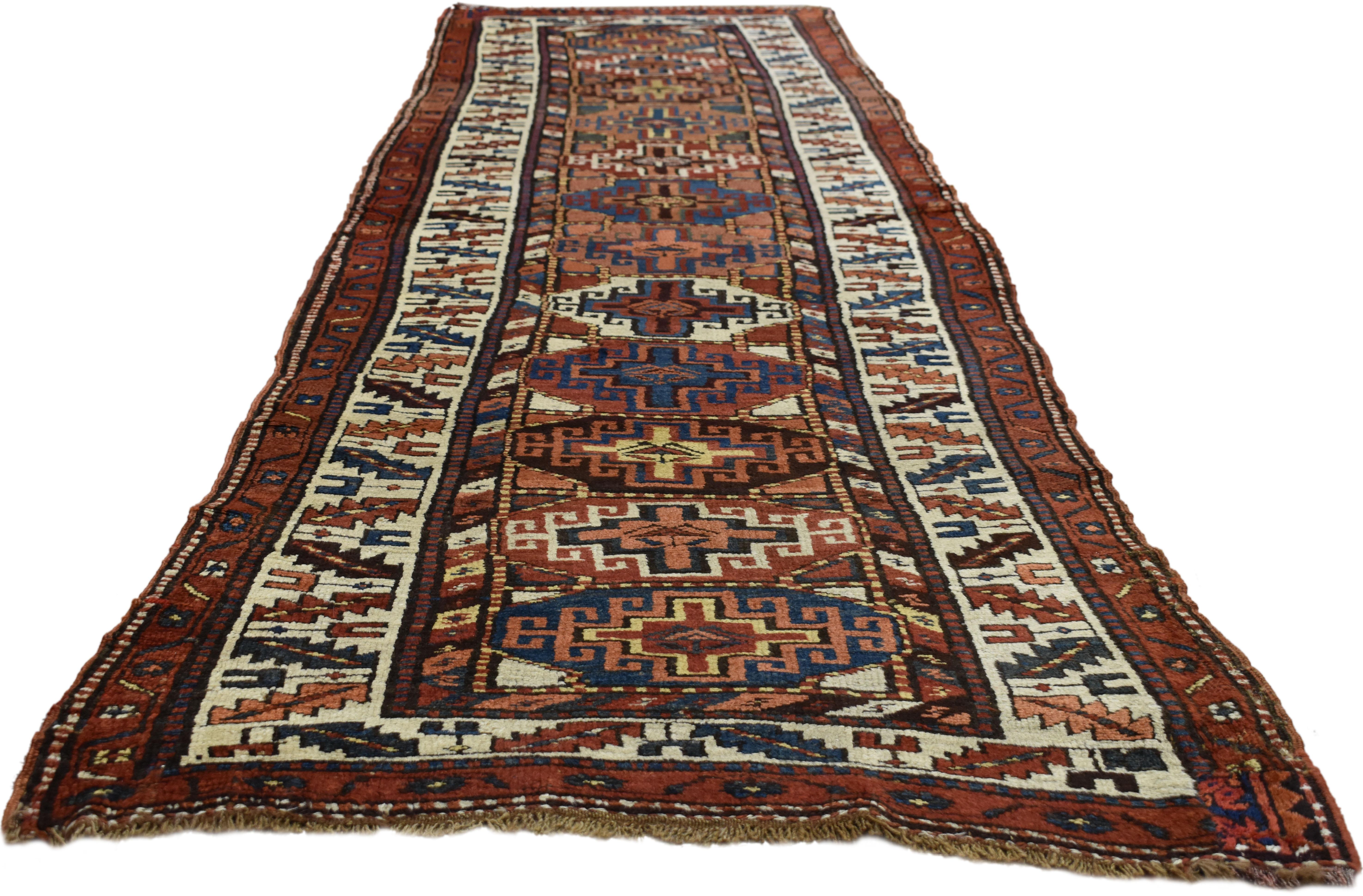 Tribal Antique Persian Kurdish Rug with Nomadic Raconteur Style, Hallway Runner For Sale