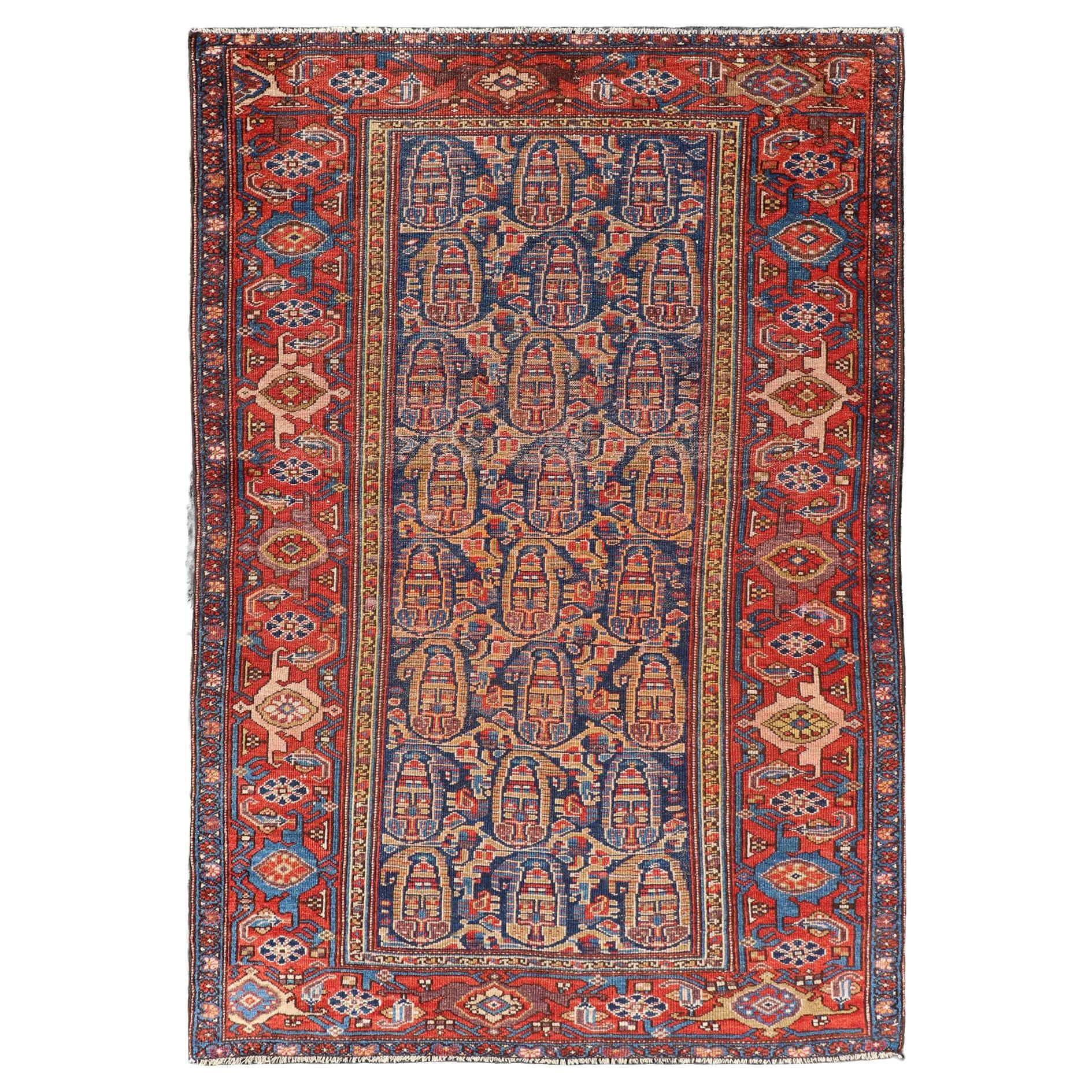 Tapis persan kurde ancien avec motifs sur toute sa surface vibrants 3'10 x 5'10