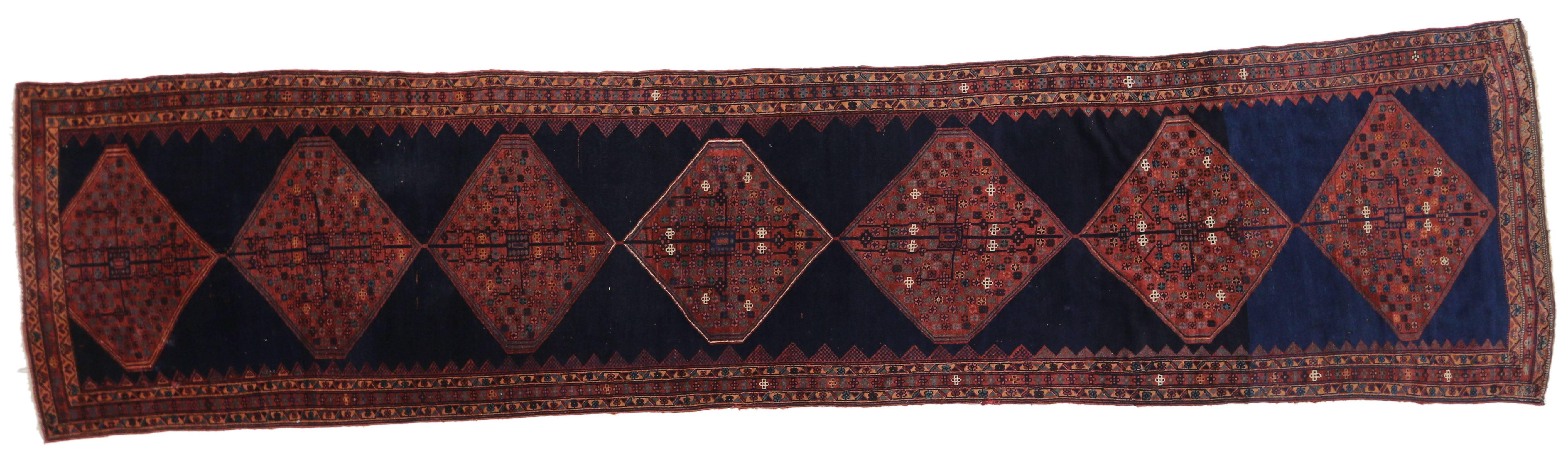 Hand-Knotted Antique Persian Kurdish Runner, Extra-Long Hallway Runner For Sale