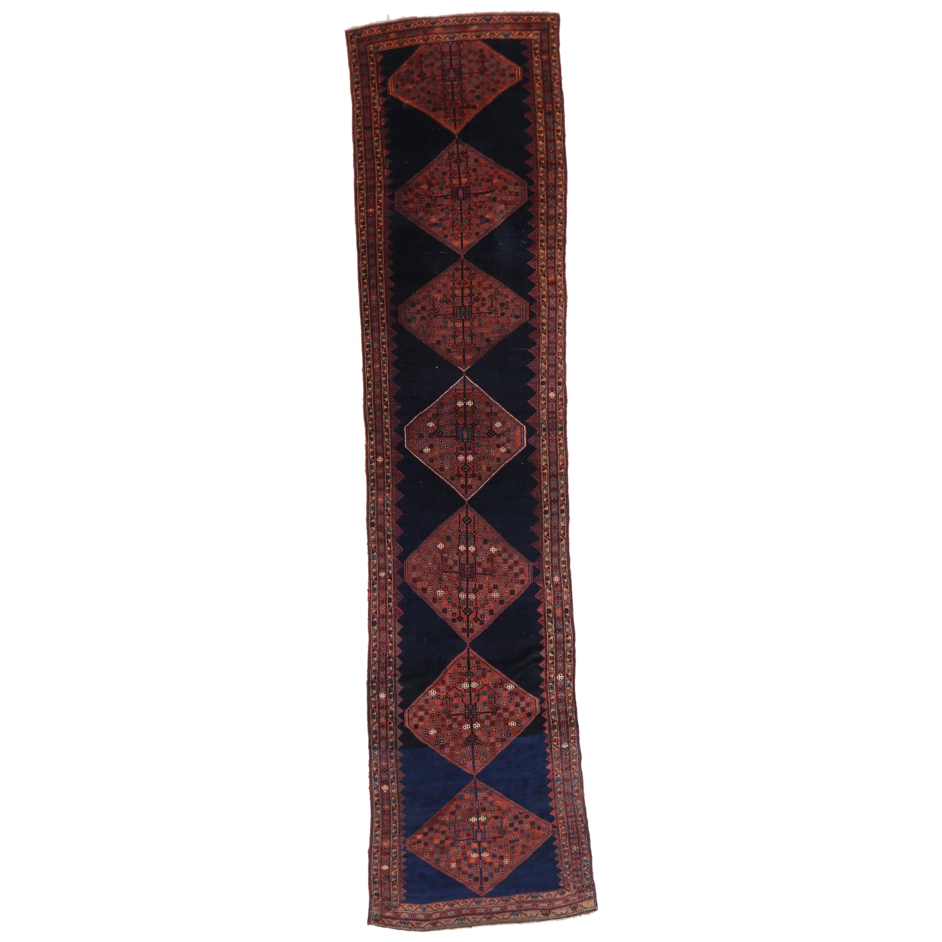 Tapis de couloir persan antique kurde, tapis de couloir extra long