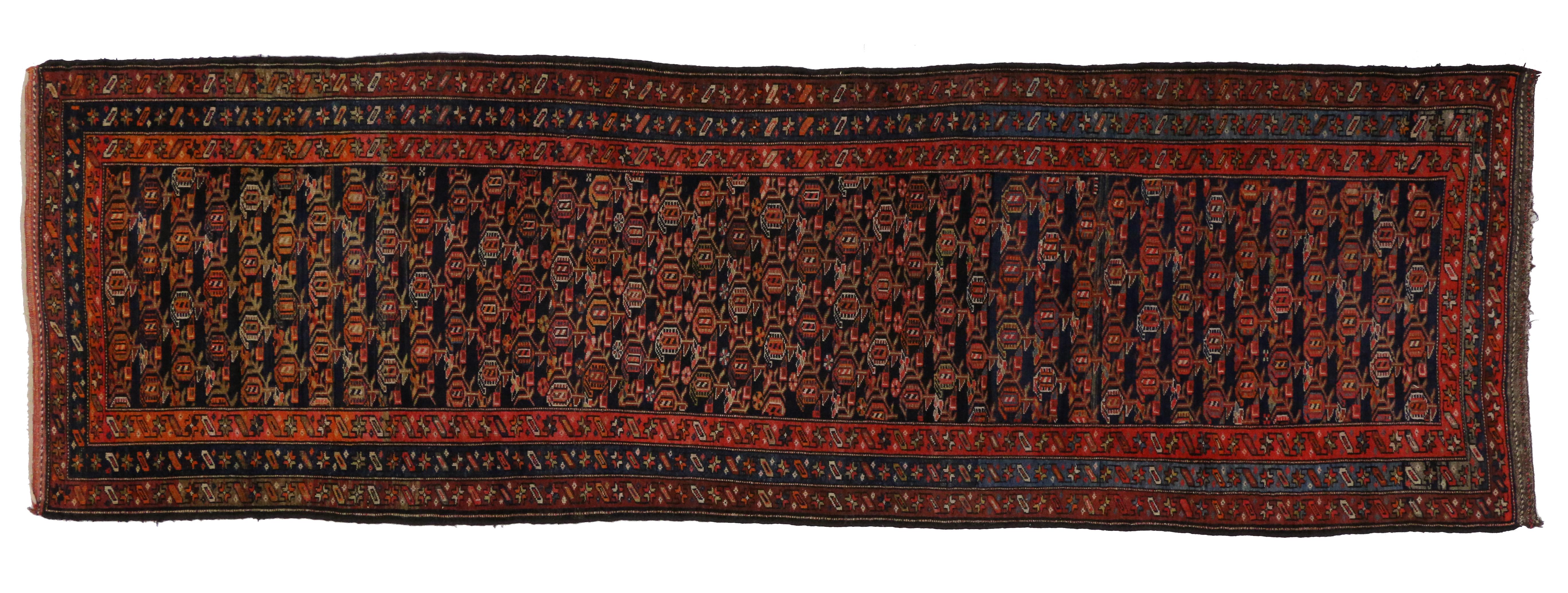 Antique Persian Kurdish Runner, Long Kurd Hallway Runner with Boteh Pattern In Good Condition For Sale In Dallas, TX