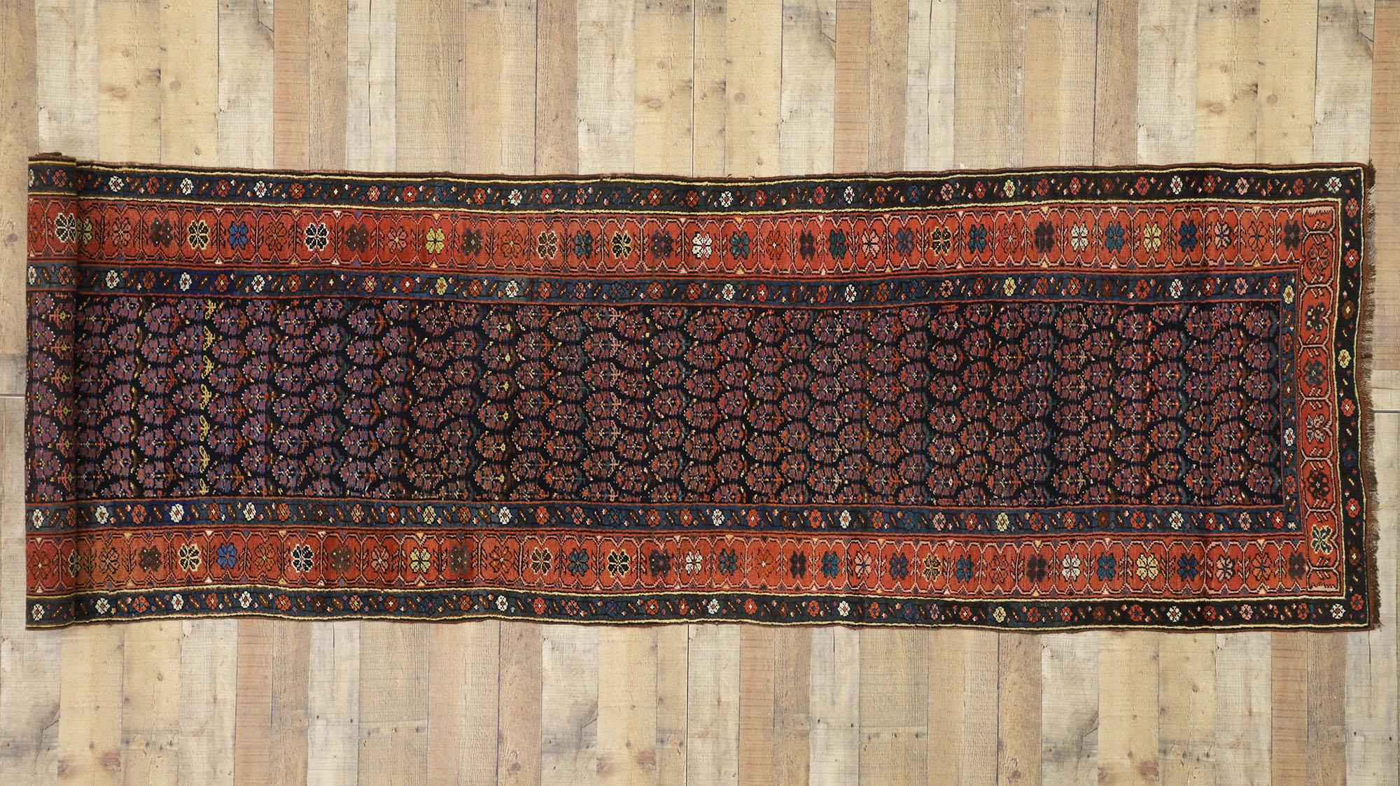Wool Antique Persian Kurdish Runner with Boteh Design, Hallway Runner For Sale