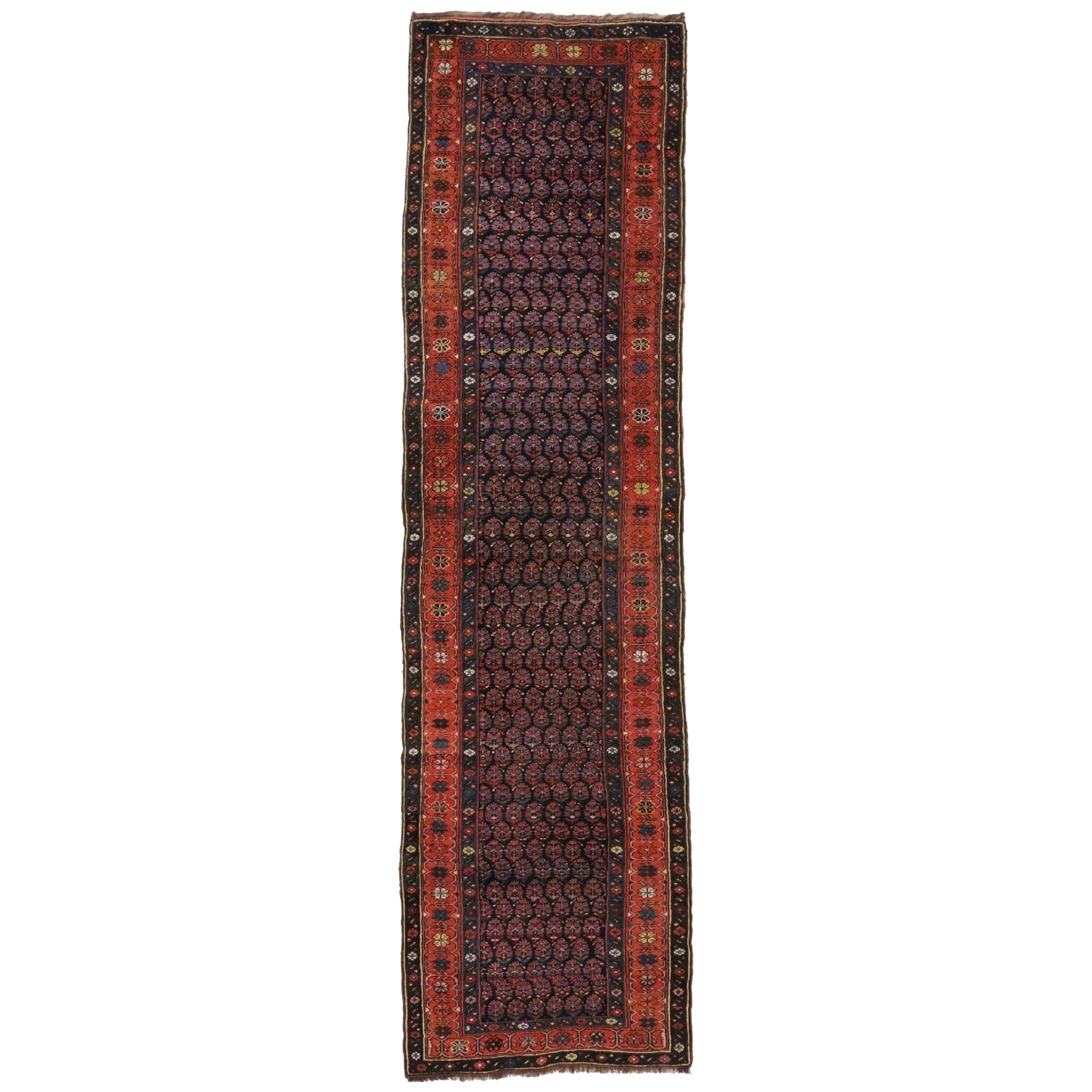 Antique Persian Kurdish Runner with Boteh Design, Hallway Runner For Sale