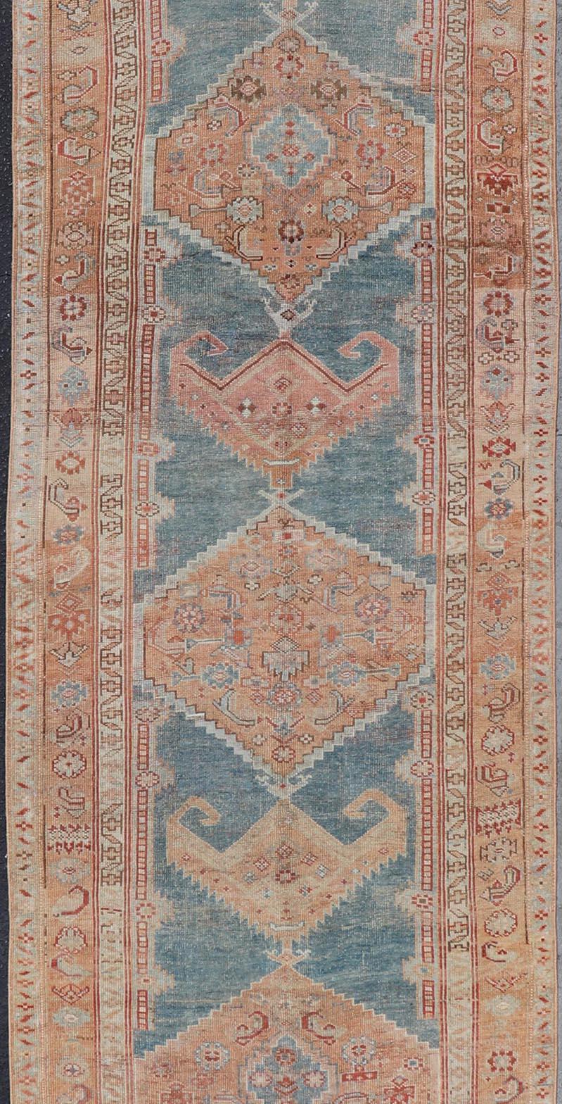 Hand-Knotted Antique Persian Kurdish Runner With Large Tribal Medallion Design  For Sale