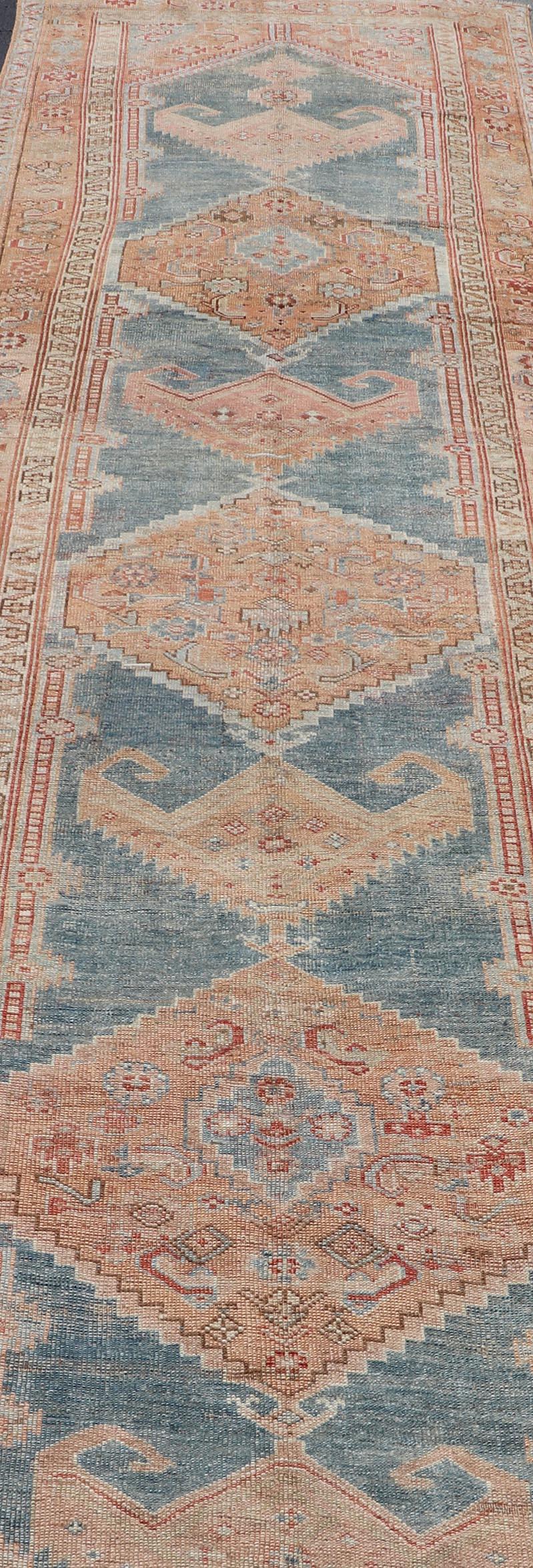 Wool Antique Persian Kurdish Runner With Large Tribal Medallion Design  For Sale