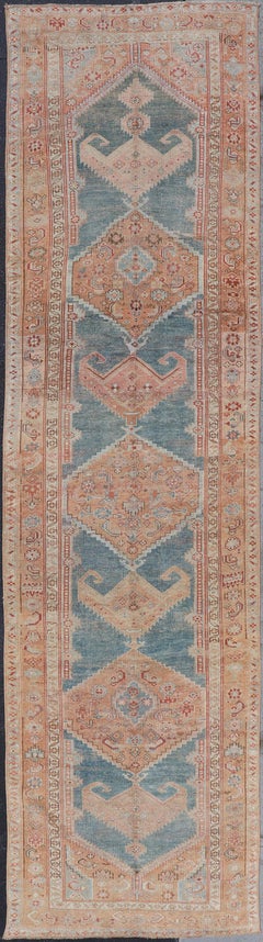 Antique Persian Kurdish Runner With Large Tribal Medallion Design 