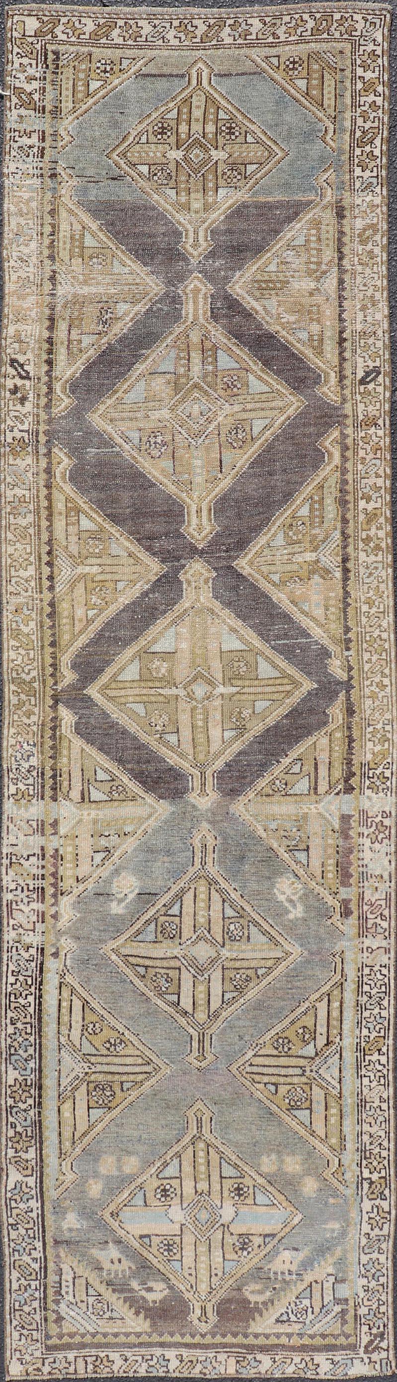 Antique Persian Kurdish Runner with Medallion in Charcoal, Blue, And Acid Green