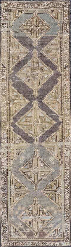 Antique Persian Kurdish Runner with Medallion in Charcoal, Blue, And Acid Green