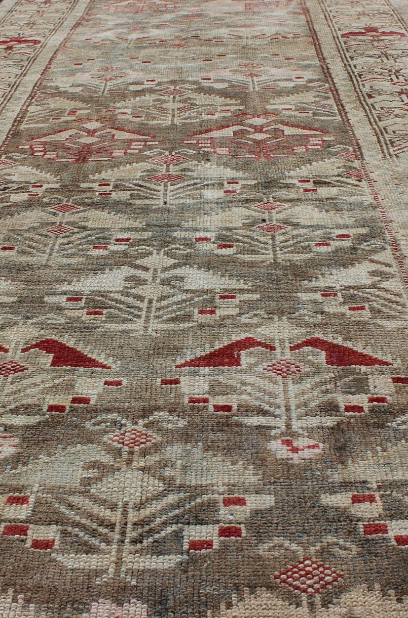 Antique Persian Kurdish Runner with Repeating Geometric in Gray Green, Neutrals 3
