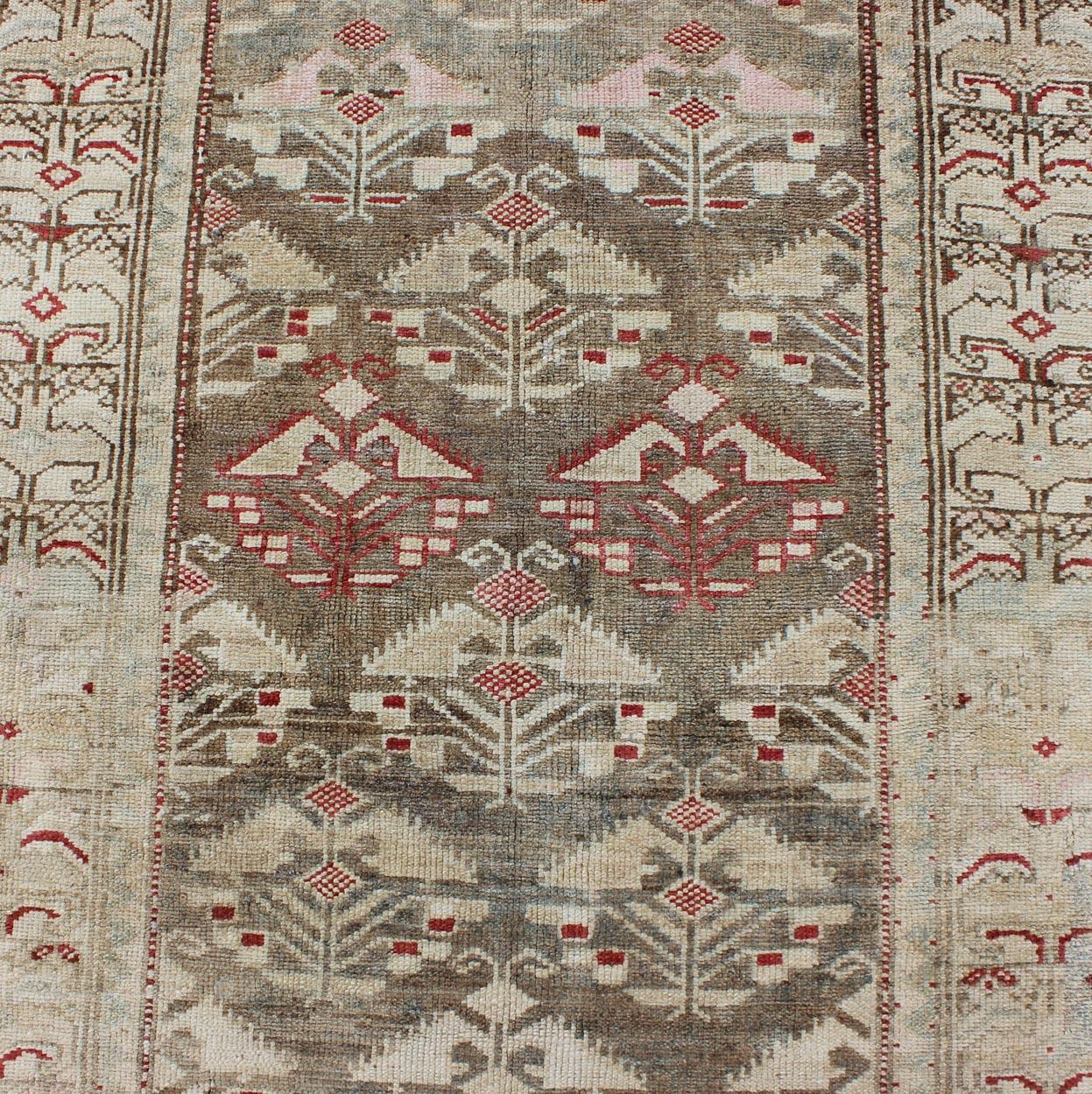 Antique Persian Kurdish Runner with Repeating Geometric in Gray Green, Neutrals 4