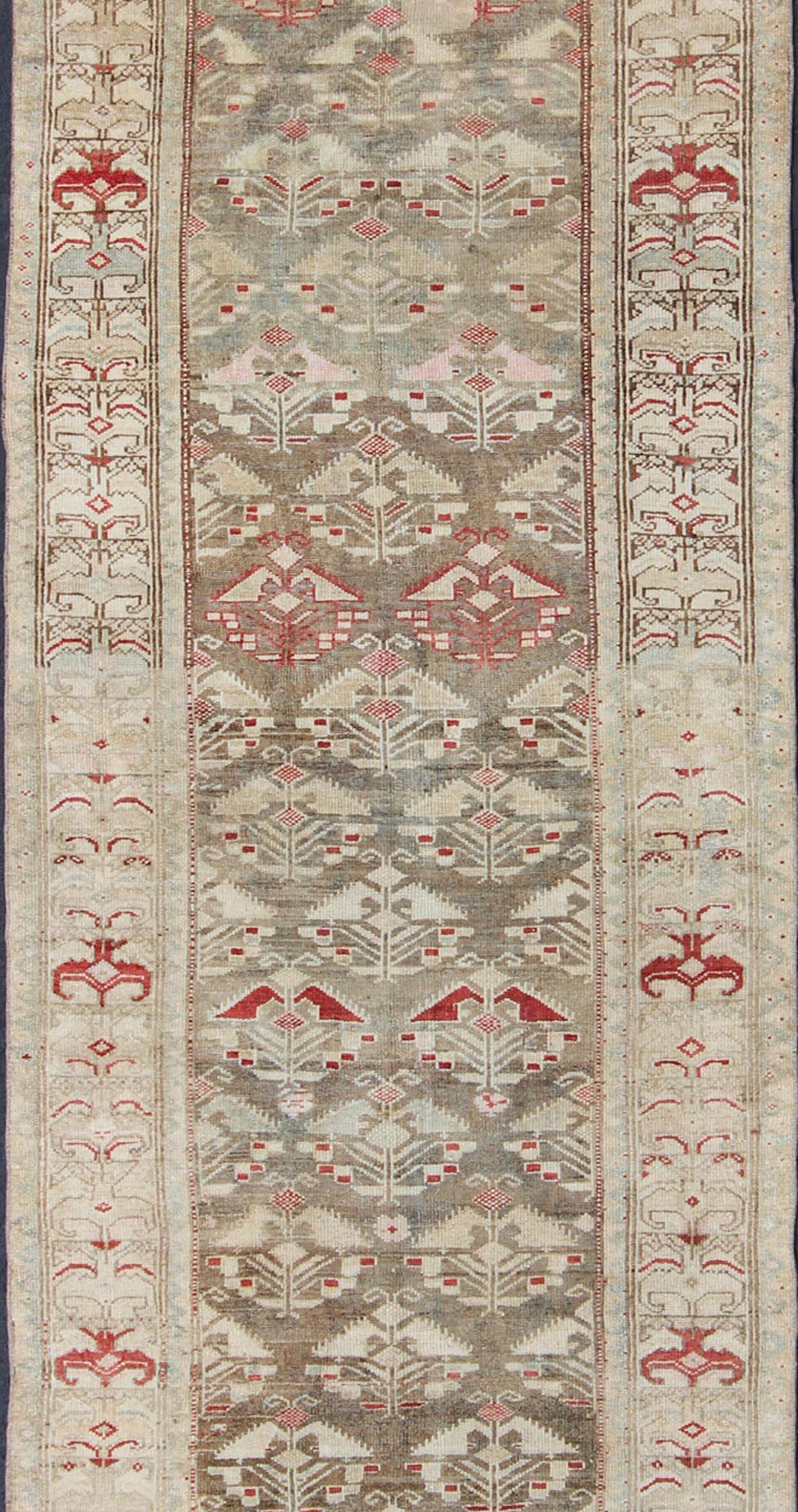 Tribal Antique Persian Kurdish Runner with Repeating Geometric in Gray Green, Neutrals
