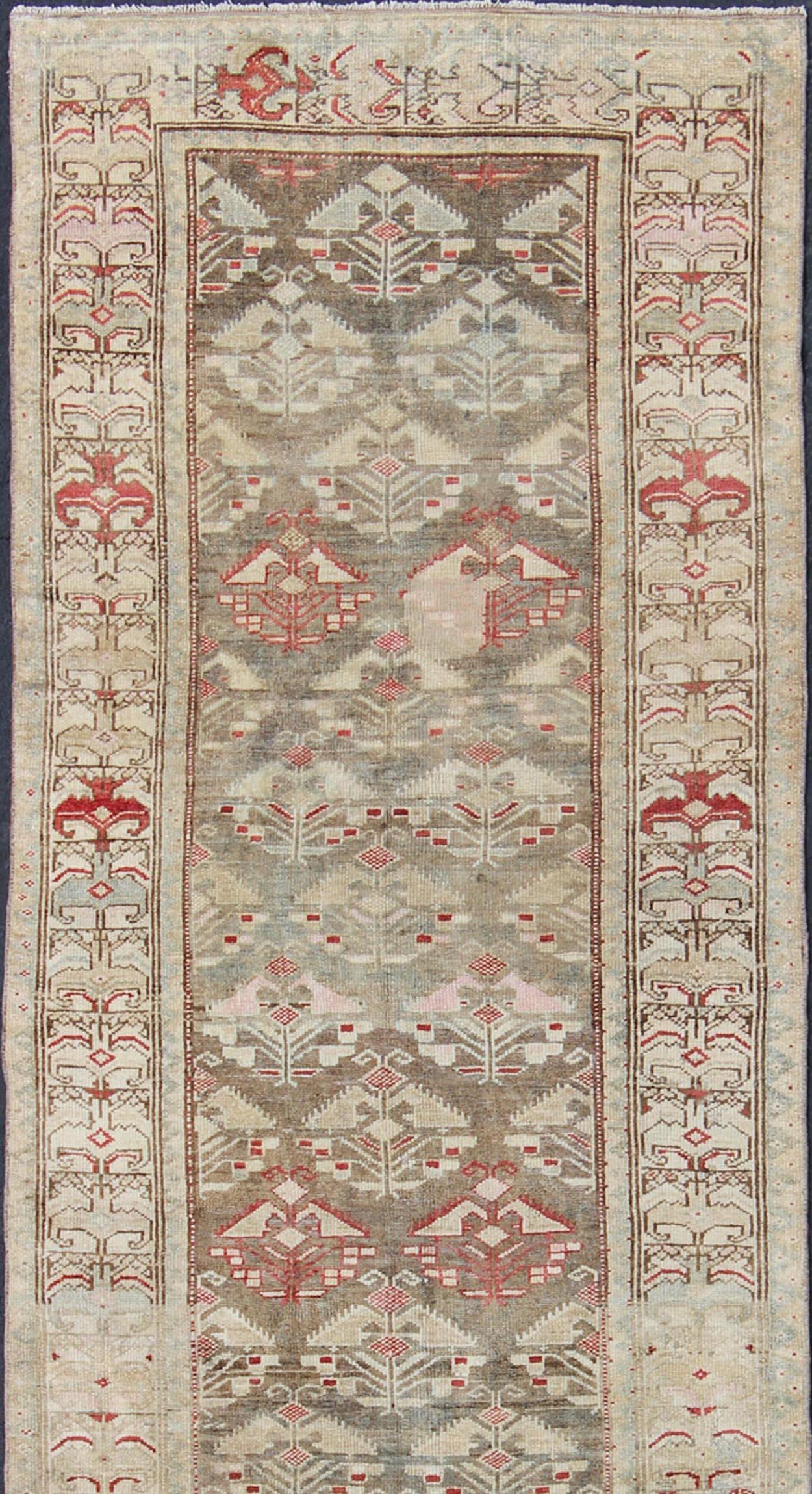 Hand-Knotted Antique Persian Kurdish Runner with Repeating Geometric in Gray Green, Neutrals
