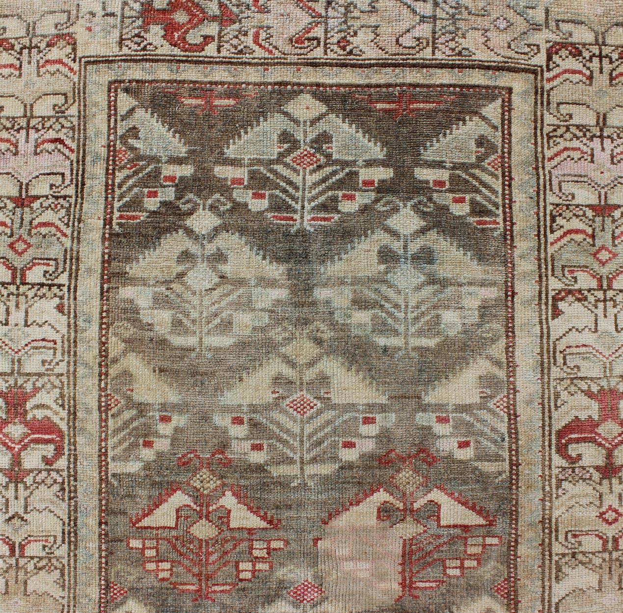 Mid-20th Century Antique Persian Kurdish Runner with Repeating Geometric in Gray Green, Neutrals