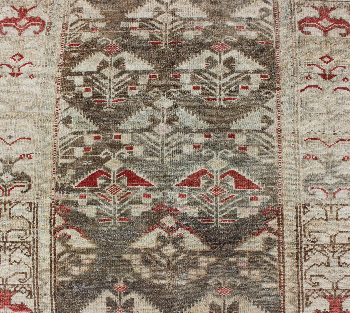 Wool Antique Persian Kurdish Runner with Repeating Geometric in Gray Green, Neutrals