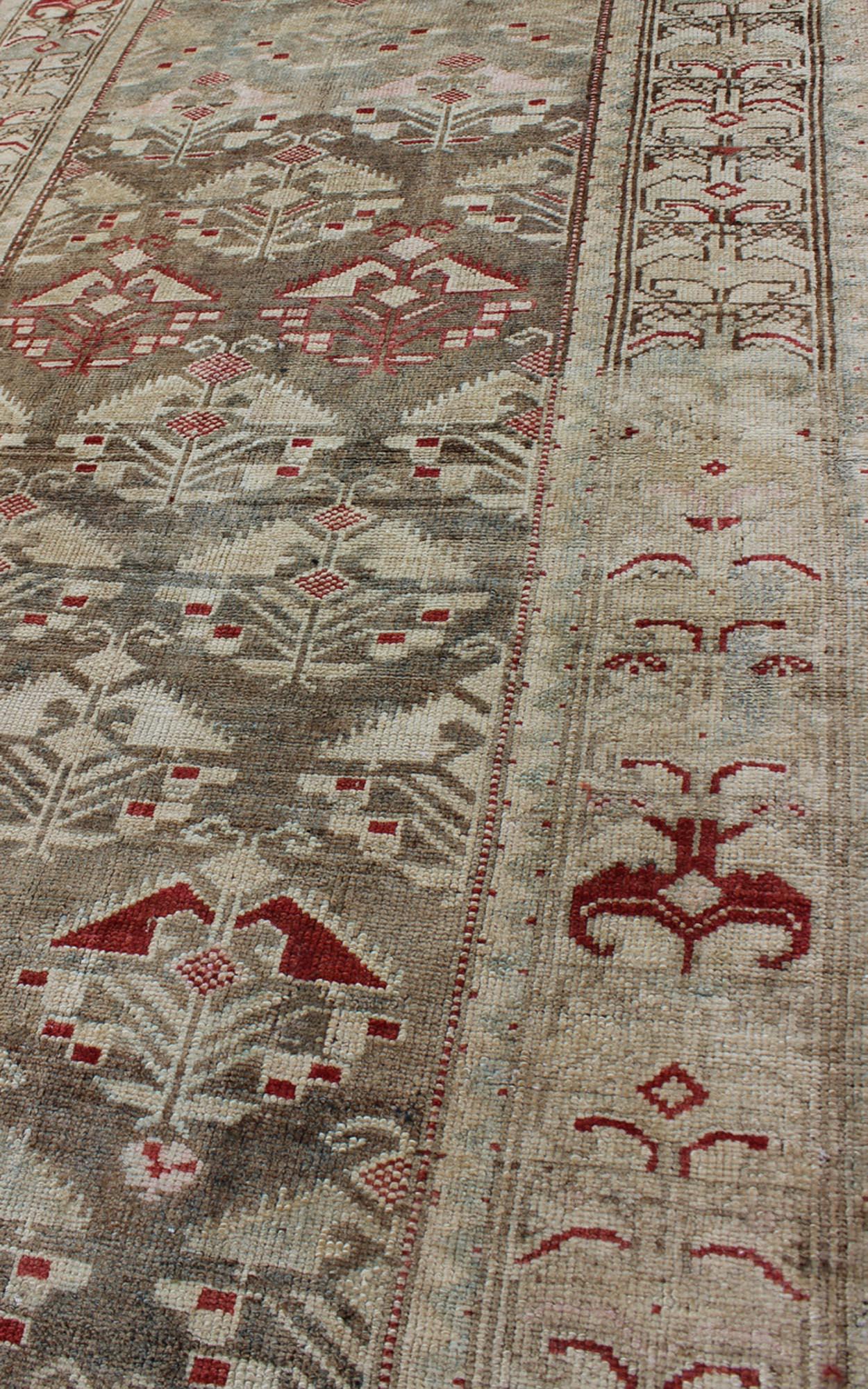 Antique Persian Kurdish Runner with Repeating Geometric in Gray Green, Neutrals 1