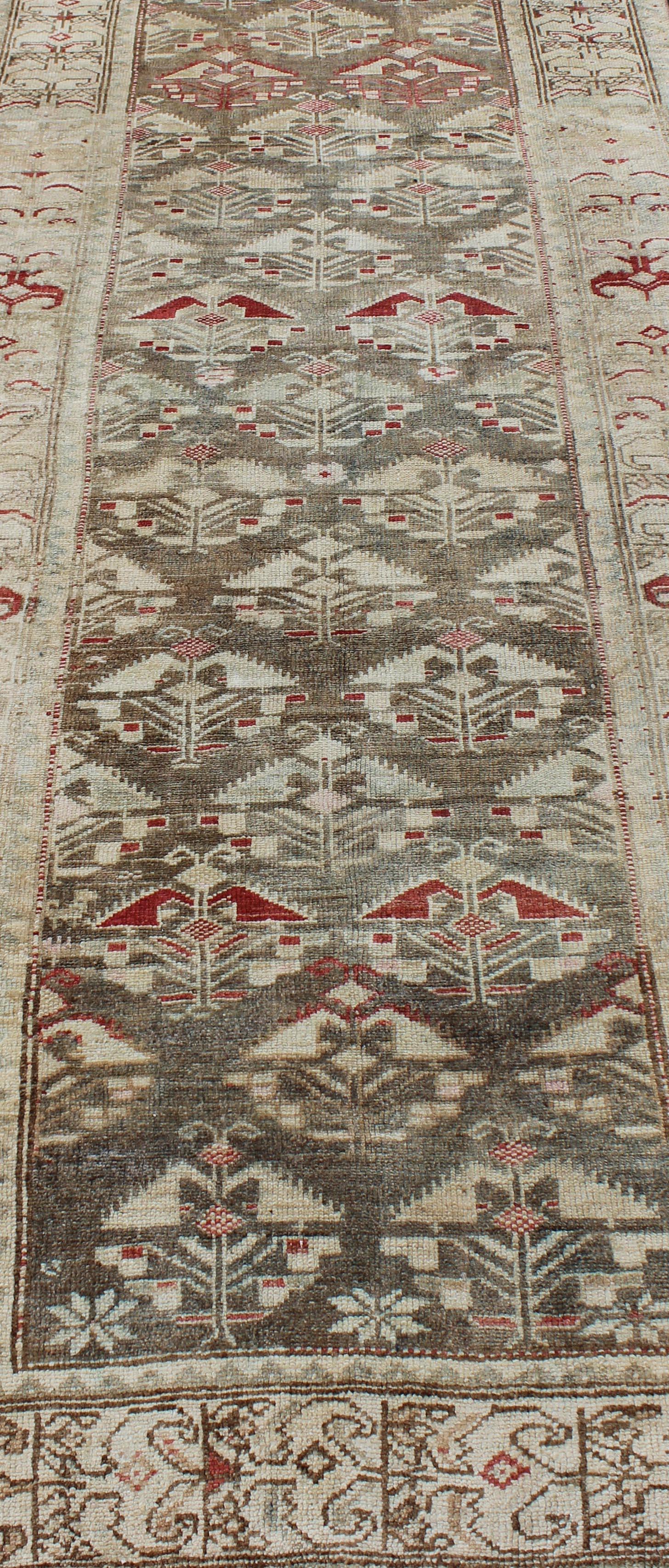 Antique Persian Kurdish Runner with Repeating Geometric in Gray Green, Neutrals 2